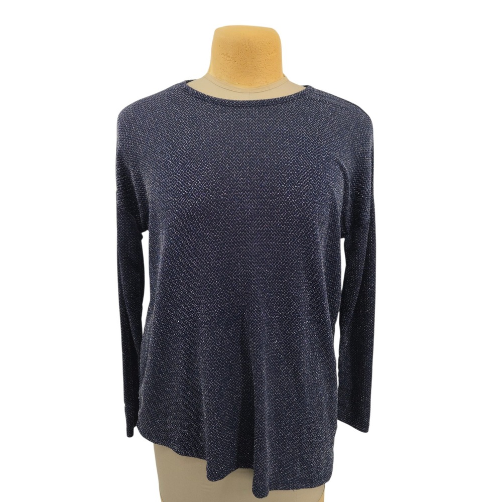 DG2 by Diane Gilman Top Womens S Blue Metallic‎ Knit Asymmetric Hem Long Sleeve